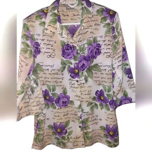 Vintage Allison Daley 3/4 Sleeve Floral Print Casual Button Down